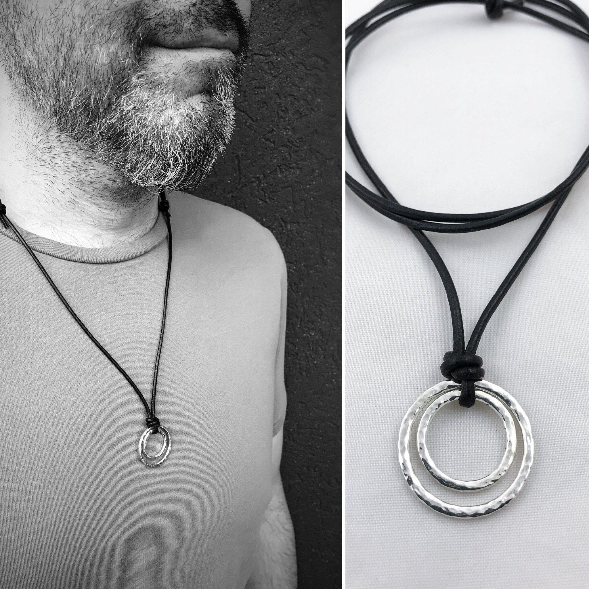 Men's Two Circle Necklace / Solid Sterling Silver / Rustic Hammer Forged  Nesting Circles / Adjustable Leather Cord